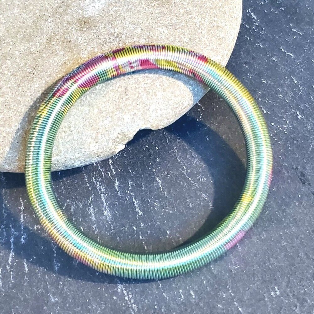 Printed Design Stretch Stainless Steel Coil Green Multicolor Bangle Bracelet #6